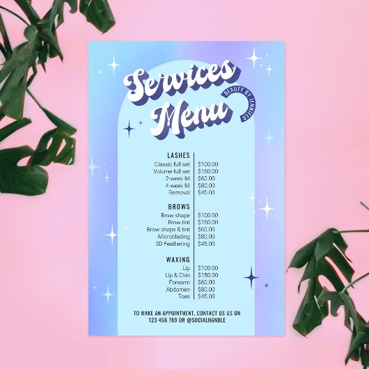 Trendy Retro Blue Holographic Salon Services Menü Poster