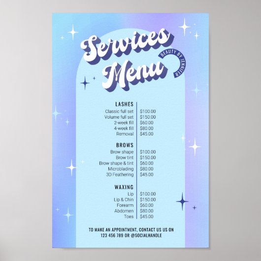 Trendy Retro Blue Holographic Salon Services Menü Poster (Vorne)