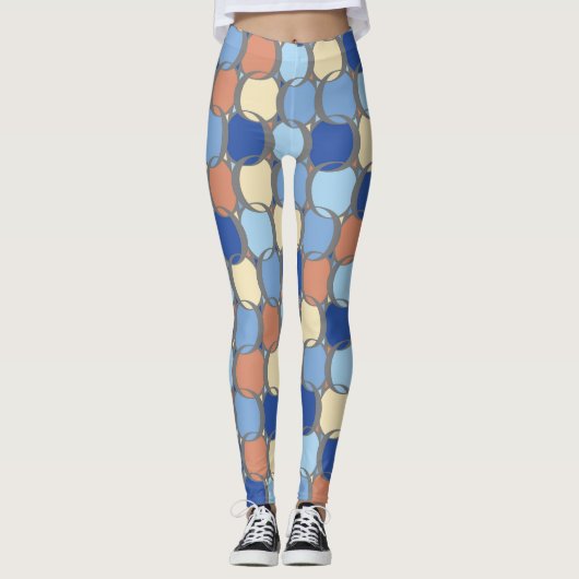 Trendy Retro Blue Orange und Gelb Circles Design Leggings (Vorderseite)