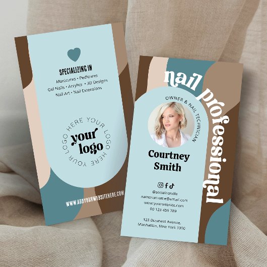 Trendy Retro Blue & Taupe Nail Kunstmuseum Visitenkarte