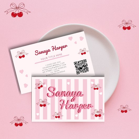 Trendy Retro Boho Cherry Coquette Business Card Visitenkarte