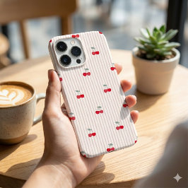 Trendy Retro Coquette Red Cherries Pinstripe iPhone 16 Pro Max Hülle
