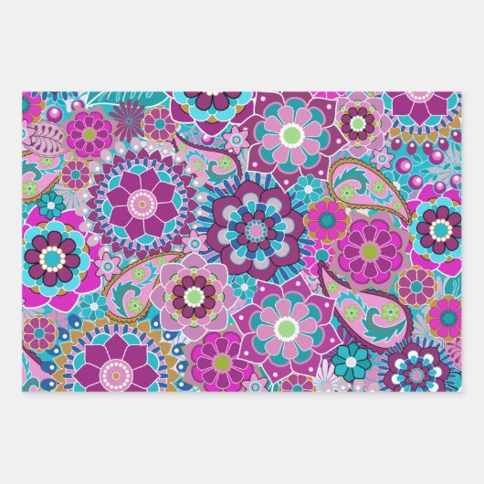 Trendy Retro Floral Pattern - farbenfroh Geschenkpapier Set (Vorderseite 2)