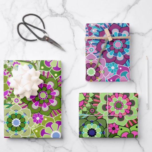 Trendy Retro Floral Pattern - farbenfroh Geschenkpapier Set (Vorderseite)