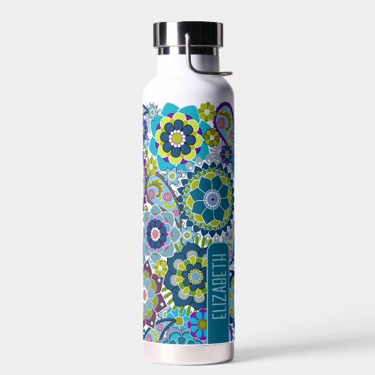 Trendy Retro Floral Pattern mit Namen - blau grün Trinkflasche (Links)