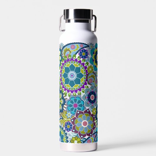Trendy Retro Floral Pattern mit Namen - blau grün Trinkflasche (Vorne)