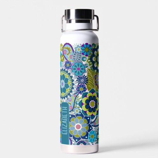 Trendy Retro Floral Pattern mit Namen - blau grün Trinkflasche (Rückseite)