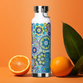 Trendy Retro Floral Pattern mit Namen - blau grün Trinkflasche