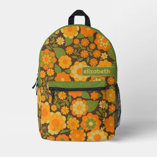 Trendy Retro Floral Pattern mit Namensblock Bedruckter Rucksack (Vorderseite)