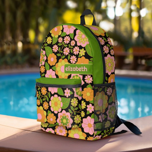 Trendy Retro Floral Pattern mit Namensblock Bedruckter Rucksack