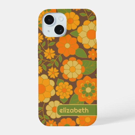 Trendy Retro Floral Pattern mit Namensblock iPhone 15 Hülle (Rückseite)