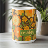 Trendy Retro Floral Pattern mit Namensblock Kaffeetasse