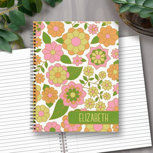 Trendy Retro Floral Pattern mit Namensblock Notizblock