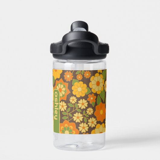 Trendy Retro Floral Pattern mit Namensblock Trinkflasche (Rückseite)