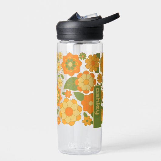 Trendy Retro Floral Pattern mit Namensblock Trinkflasche (Links)