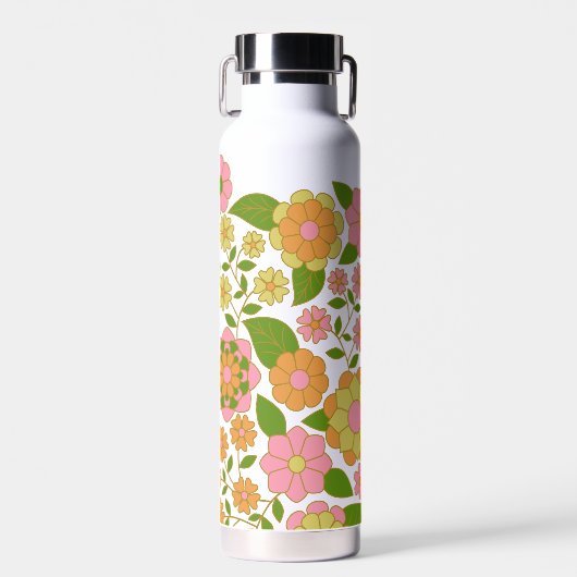 Trendy Retro Floral Pattern mit Namensblock Trinkflasche (Vorne)