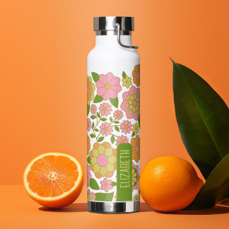 Trendy Retro Floral Pattern mit Namensblock Trinkflasche