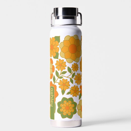 Trendy Retro Floral Pattern mit Namensblock Trinkflasche (Rückseite)