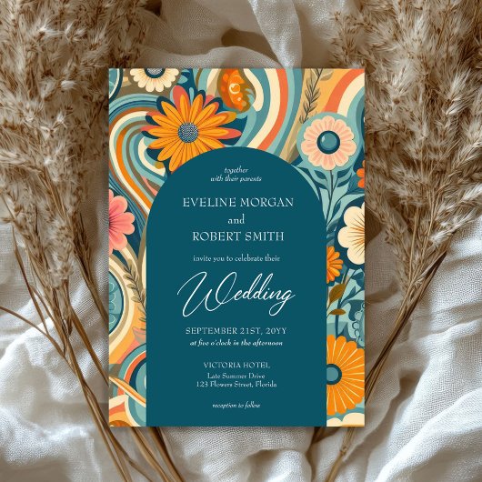 Trendy Retro Groovy Blume Frühjahr Hochzeit Einladung