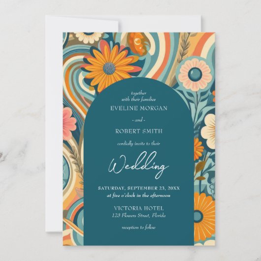 Trendy Retro Groovy Blume Frühjahr Hochzeit Einladung (Vorderseite)