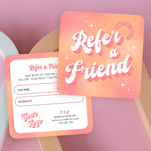 Trendy Retro Peach Pink Makeup Beauty Salon Logo Empfehlungskarte