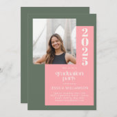 Trendy Retro Pink Green Foto Graduation Party Einladung (Vorne/Hinten)