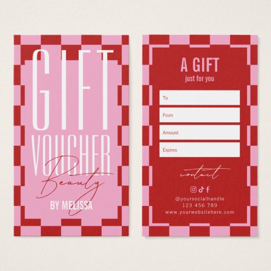 Trendy Retro Pink & Red Spa Salon Gift Voucher (Vorne & Hinten)
