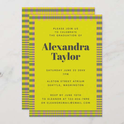 Trendy Retro Yellow Kariert Pattern Abschluss Einladung (Vorne/Hinten)