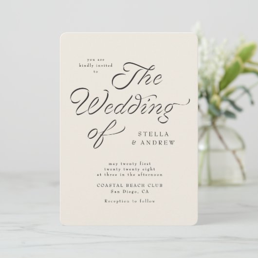 Trendy Ribbon Elegant Script Wedding Invitation Einladung (Stehend Vorderseite)