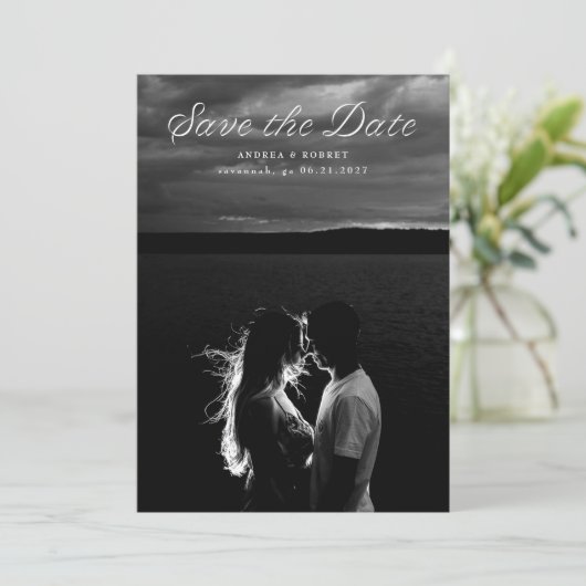 Trendy Ribbon Script Save the Date Card (Stehend Vorderseite)