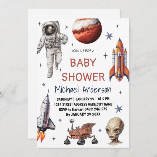 Trendy Rocket Ship Space Galaxy Alien Baby Shower Einladung (Vorne/Hinten)