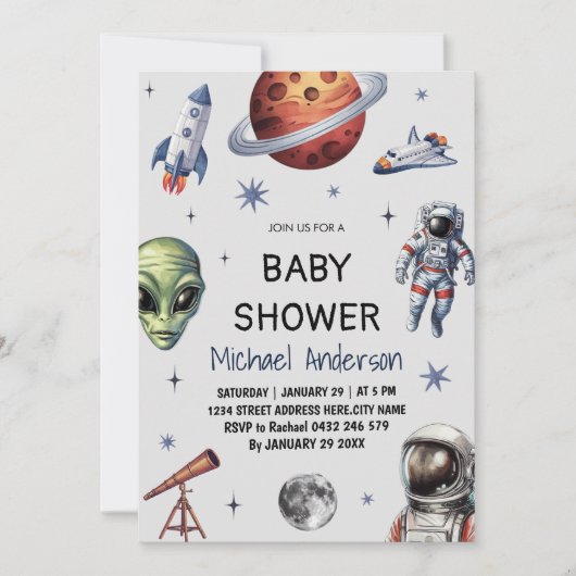 Trendy Rocket Ship Space Galaxy Alien Baby Shower Einladung (Vorderseite)