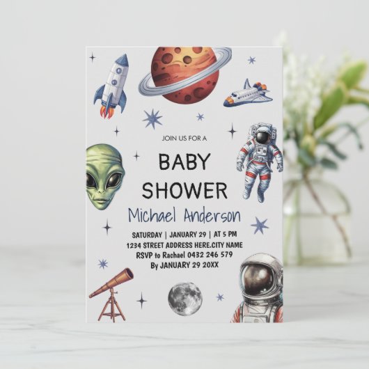 Trendy Rocket Ship Space Galaxy Alien Baby Shower Einladung (Stehend Vorderseite)