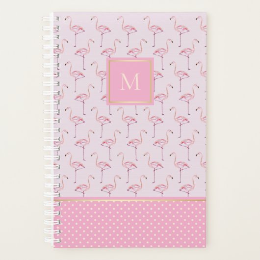 Trendy rosa Flamingos und Punkte mit Monogramm Planer (Vorderseite)