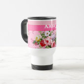 Trendy rosa Monogramm-Vintage Blumenpolka-Punkte Reisebecher (Vorderseite Links)