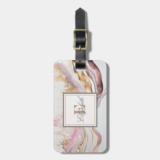 Trendy rosa Stone Marmortextur, Monogramm Gepäckanhänger (Vorderseite vertikal)