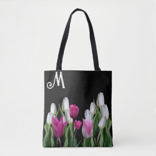 Trendy rosa, weiße Tulpen florengrünes Schwarz gür Tasche