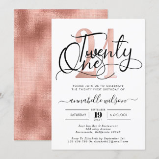 Trendy Rose Gold 21. Geburtstagsparty Einladung