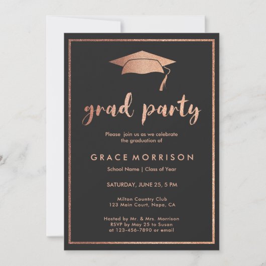 Trendy Rose Gold Black Graduation Party Einladung (Vorderseite)