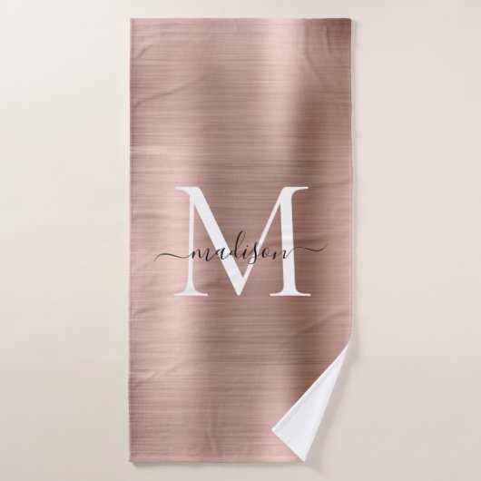 Trendy Rose Gold Brushed Metal Monogram Script Badehandtuch (Badehandtuch)
