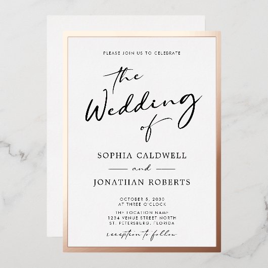 Trendy Rose Gold Calligraphy Script Wedding Folieneinladung (Vorderseite/Rückseite)