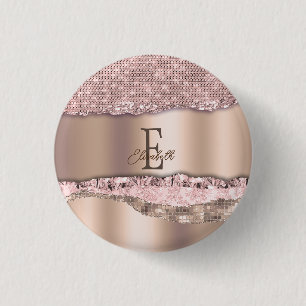 Trendy Rose Gold Diamonds Glitzer Monogram Button