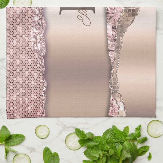 Trendy Rose Gold Diamonds Glitzer Monogram Geschirrtuch (Gefaltet)