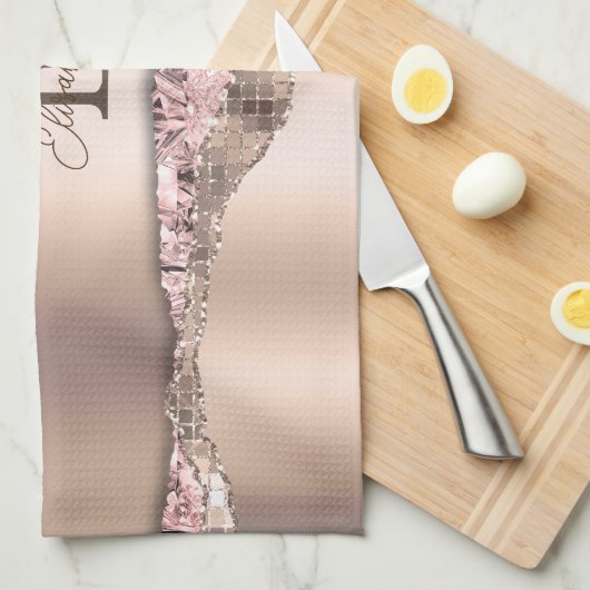 Trendy Rose Gold Diamonds Glitzer Monogram Geschirrtuch (Viertel Falte)