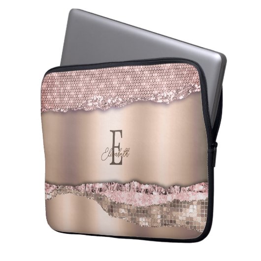 Trendy Rose Gold Diamonds Glitzer Monogram Laptopschutzhülle (Vorderseite Links)