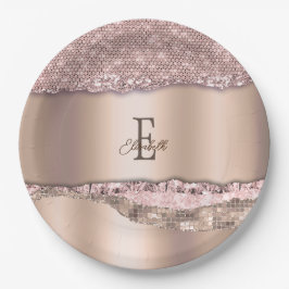 Trendy Rose Gold Diamonds Glitzer Monogram Pappteller
