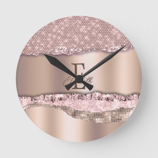 Trendy Rose Gold Diamonds Glitzer Monogram Runde Wanduhr (Vorderseite)
