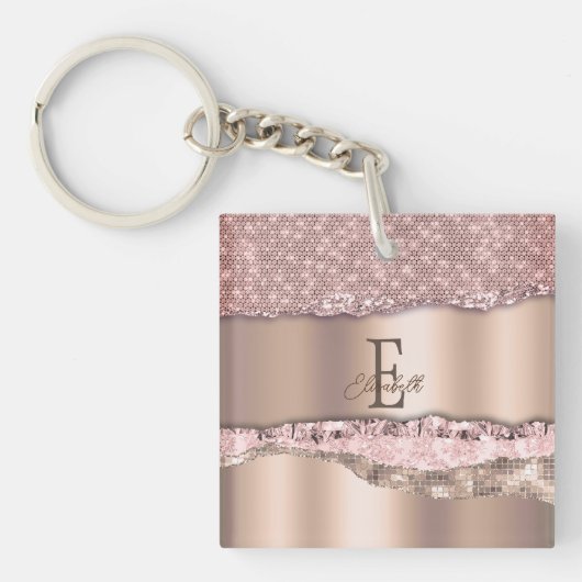 Trendy Rose Gold Diamonds Glitzer Monogram Schlüsselanhänger (Vorderseite)