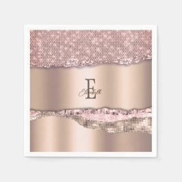 Trendy Rose Gold Diamonds Glitzer Monogram Serviette