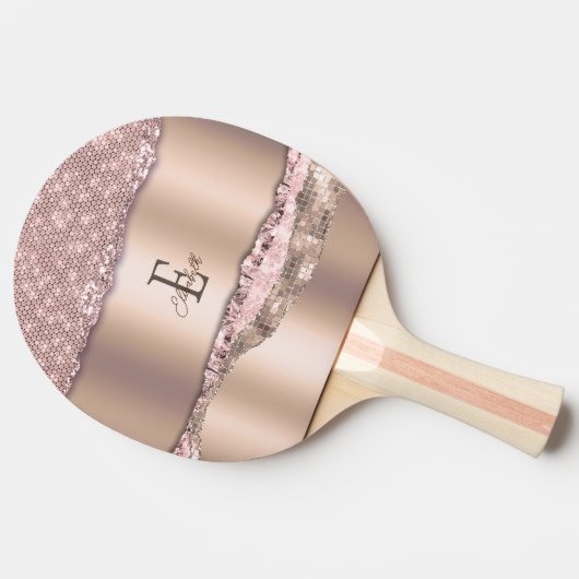 Trendy Rose Gold Diamonds Glitzer Monogram Tischtennis Schläger (Seitenansicht)